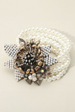 Vintage Flower Pearl Strand Stretch Bracelet