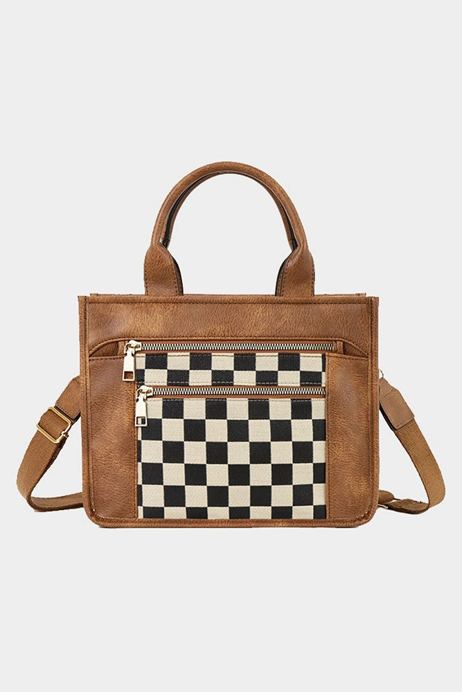 Faux Leather Checkered Top Handle Crossbody Bag