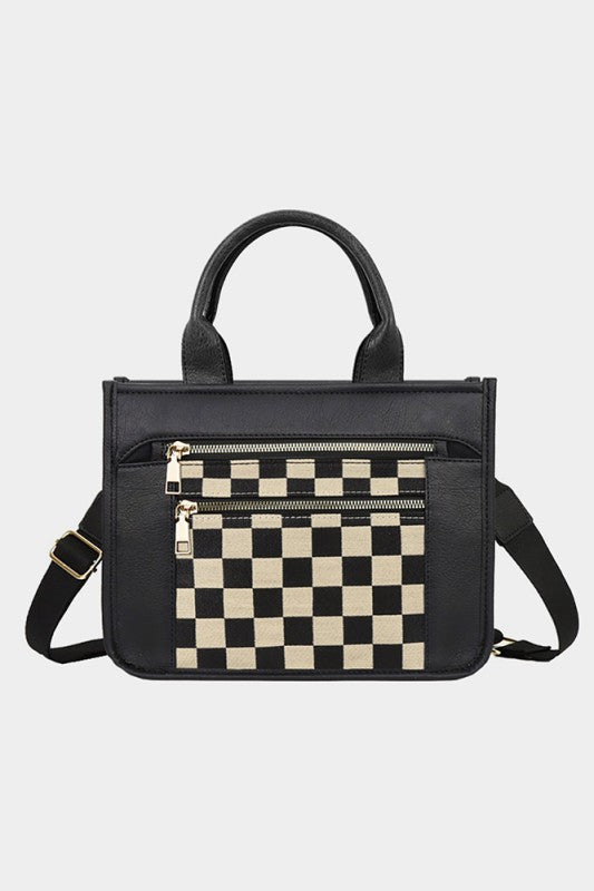 Faux Leather Checkered Top Handle Crossbody Bag