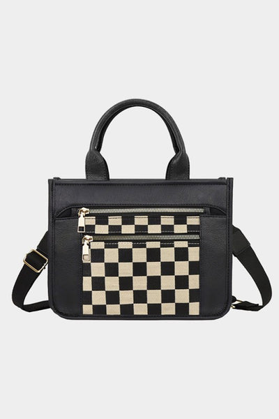Faux Leather Checkered Top Handle Crossbody Bag