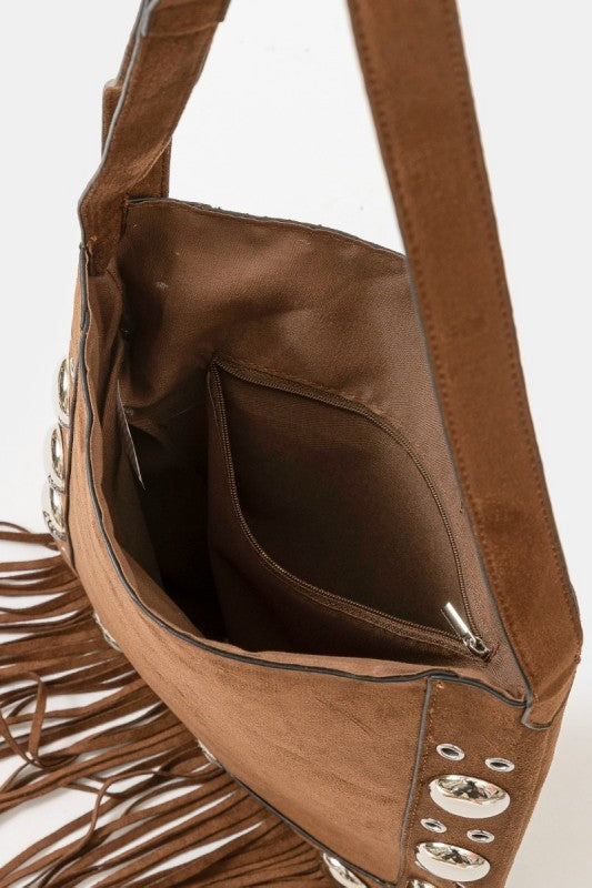 Faux Suede Gromet Fringe Bag
