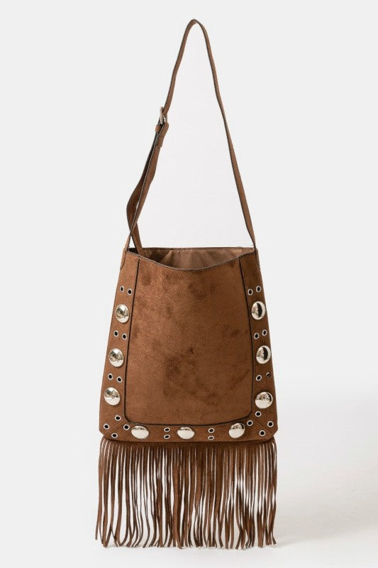 Faux Suede Gromet Fringe Bag