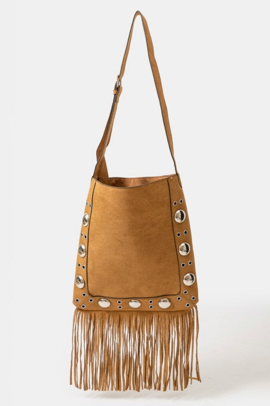 Faux Suede Gromet Fringe Bag