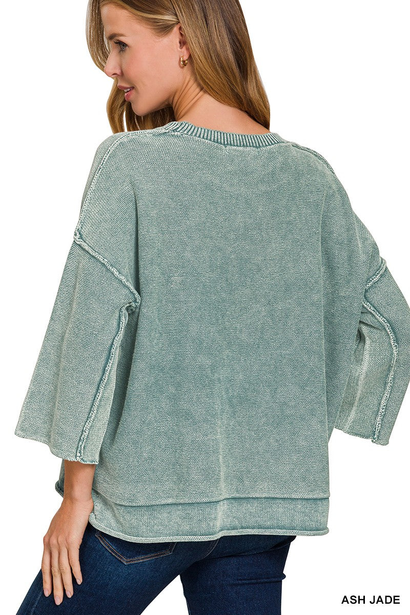 Mineral Washed 3/4 Sleeve Boxy Sweater (3 colors)
