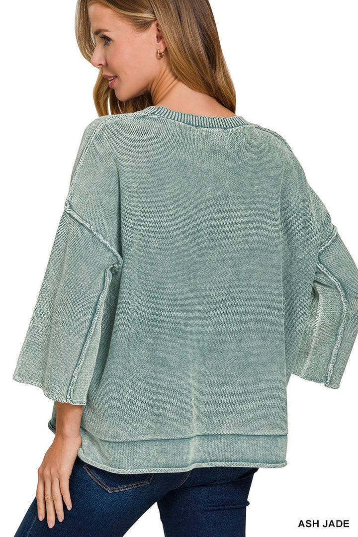Mineral Washed 3/4 Sleeve Boxy Sweater (3 colors)
