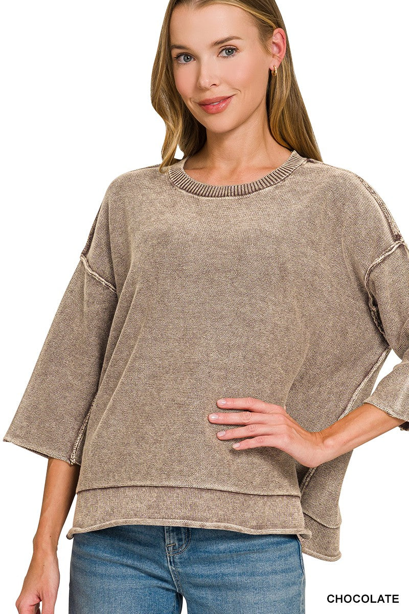 Mineral Washed 3/4 Sleeve Boxy Sweater (3 colors)