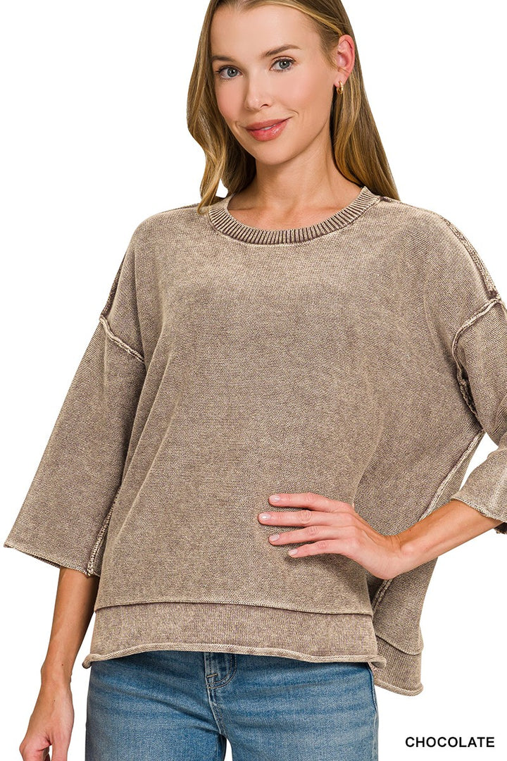 Mineral Washed 3/4 Sleeve Boxy Sweater (3 colors)