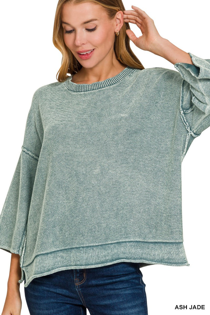 Mineral Washed 3/4 Sleeve Boxy Sweater (3 colors)