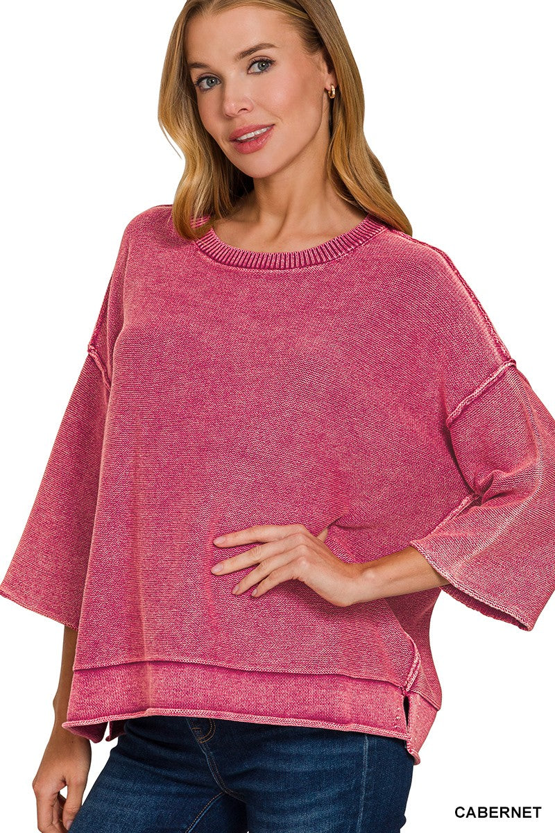 Mineral Washed 3/4 Sleeve Boxy Sweater (3 colors)