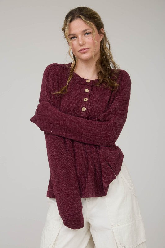 Woven Ridge Henley Knit Top