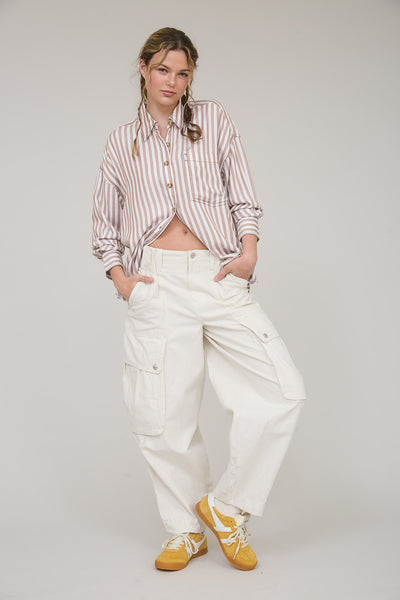 Chic Tan Stripe Button Down Top