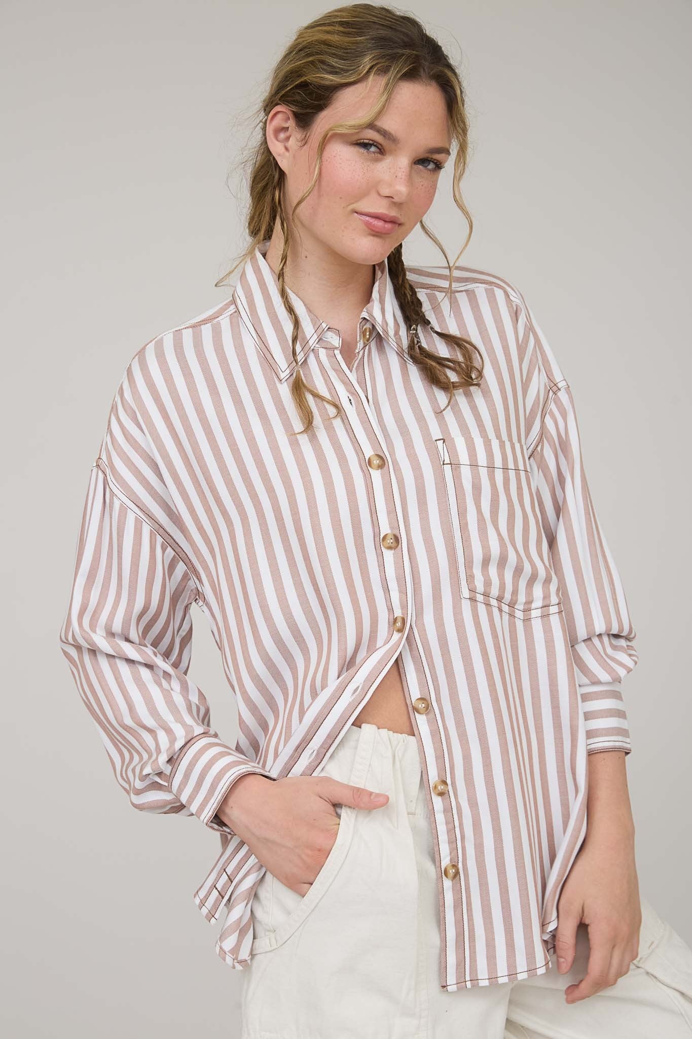 Chic Tan Stripe Button Down Top