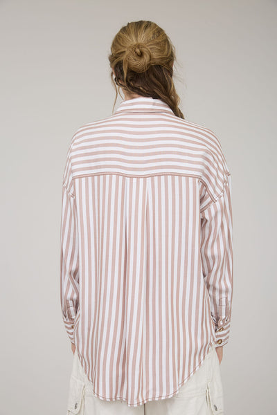 Chic Tan Stripe Button Down Top