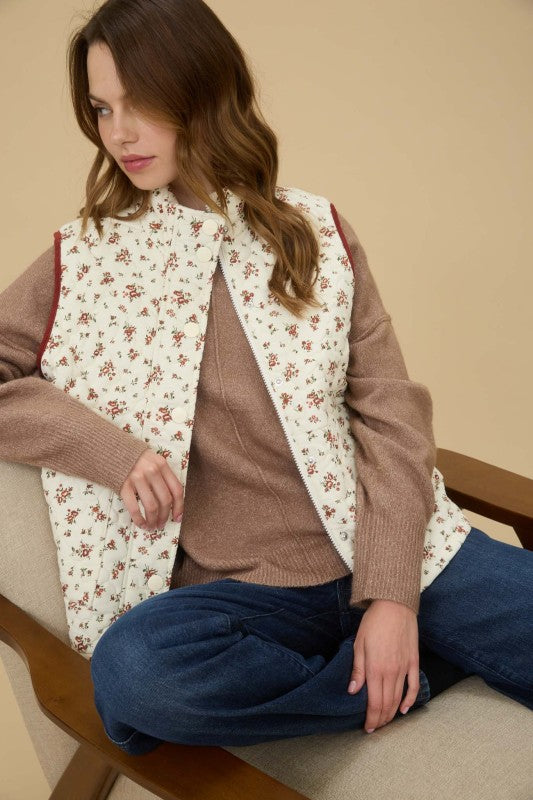 Red Floral Quilted Puffer Vest