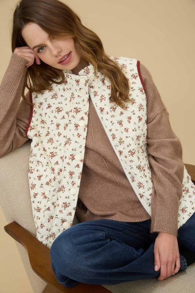 Red Floral Quilted Puffer Vest