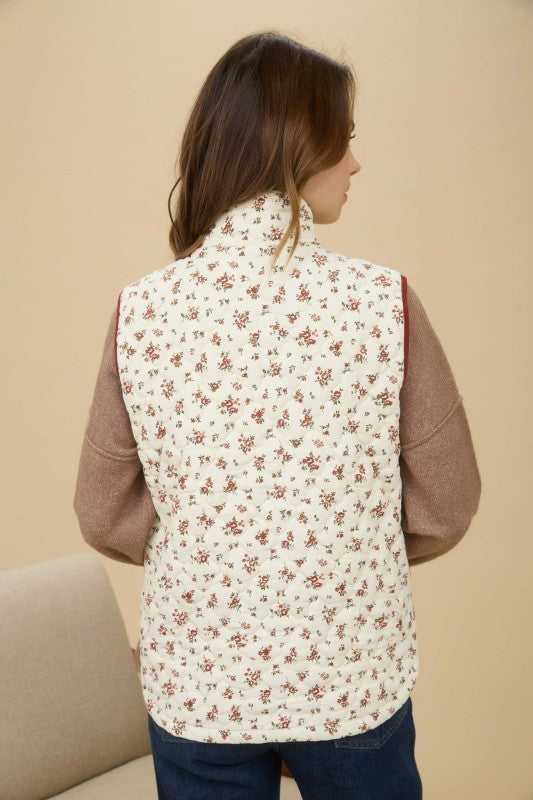 Red Floral Quilted Puffer Vest
