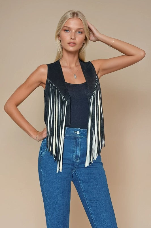 Western 2 Tone Fringe Jacket - Black