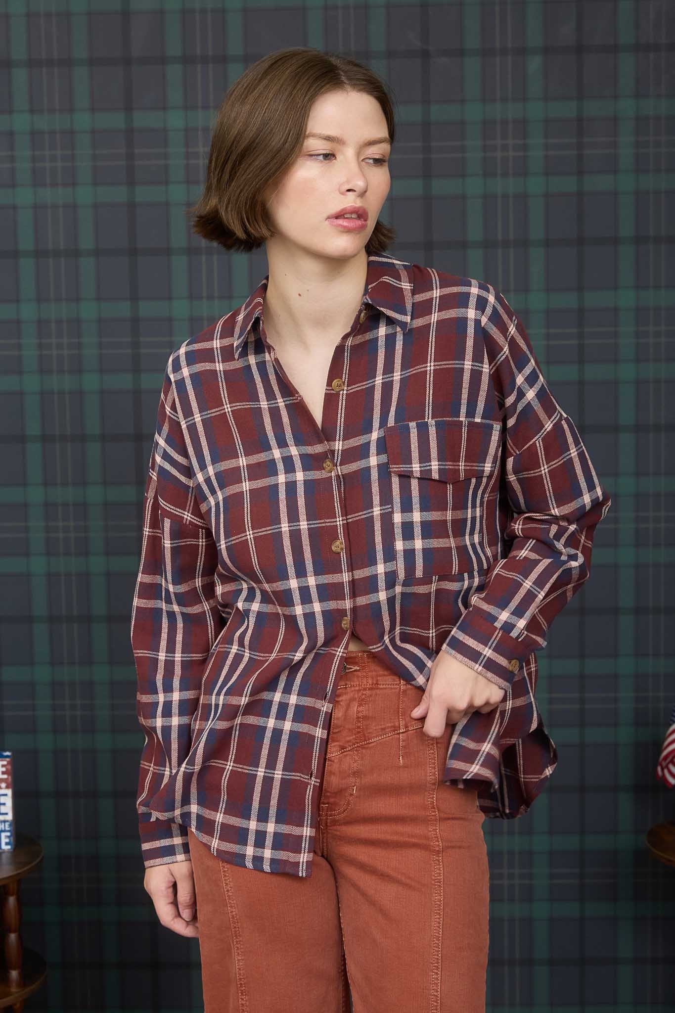 Burgundy Bliss Plaid Flannel Top