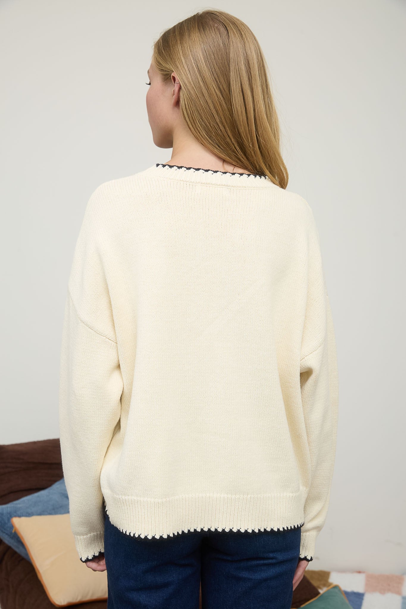 Cream with Black Embroidered Stitching Detail