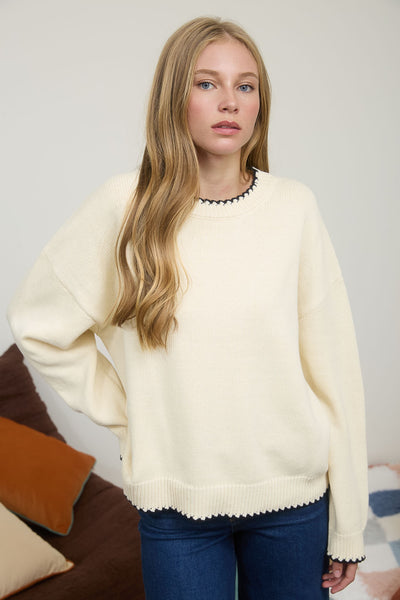 Cream with Black Embroidered Stitching Detail