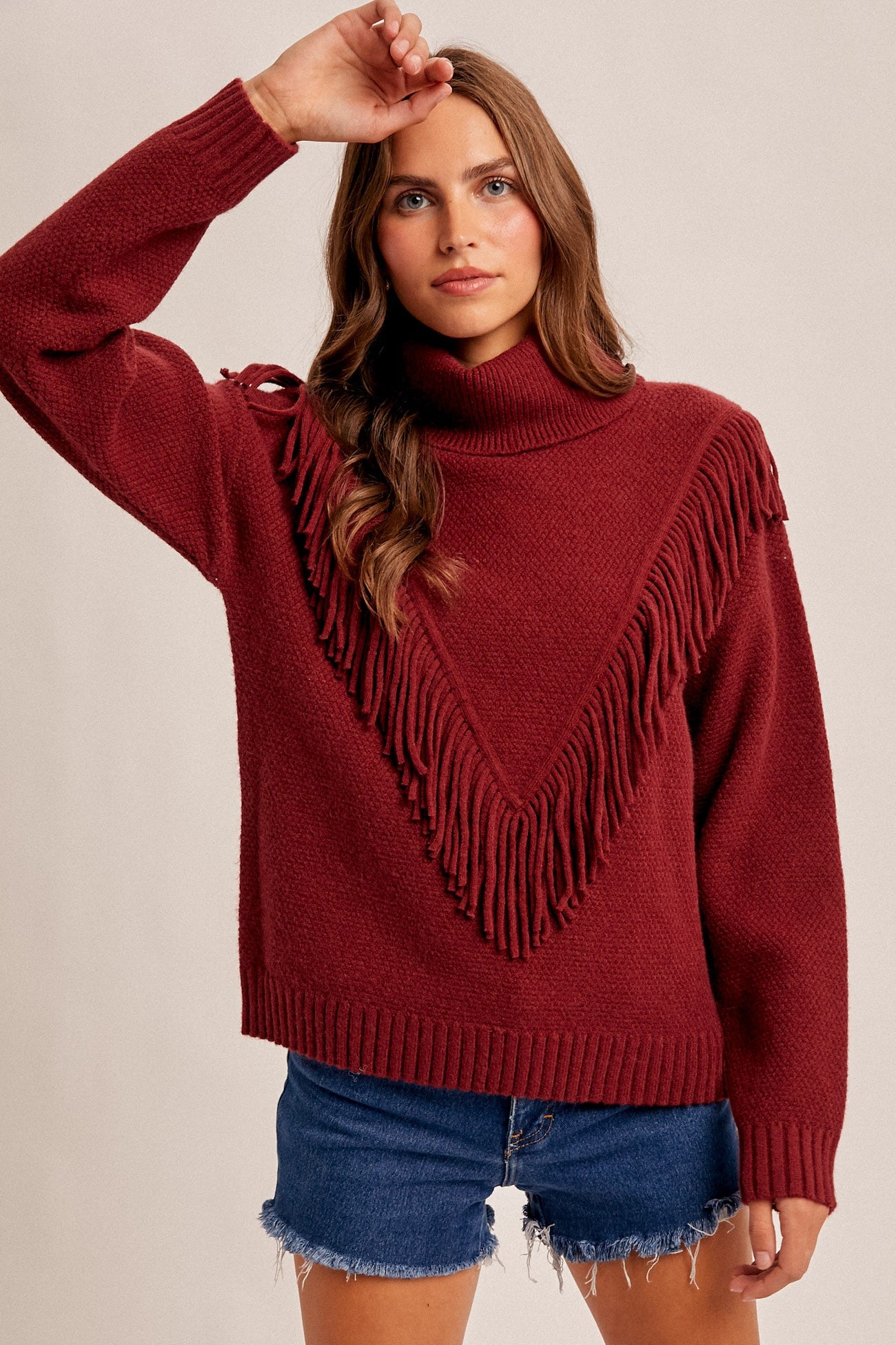Fringed Layer Sweater- Burgundy