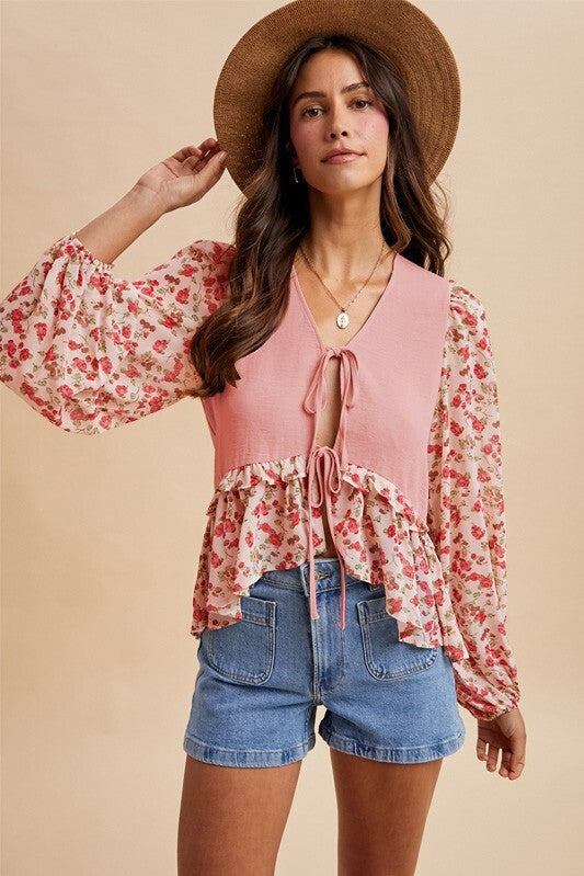 Soft Rose Front Tie Blouse