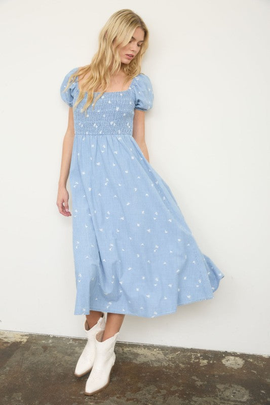 Chambray Denim Smocked Midi Dress