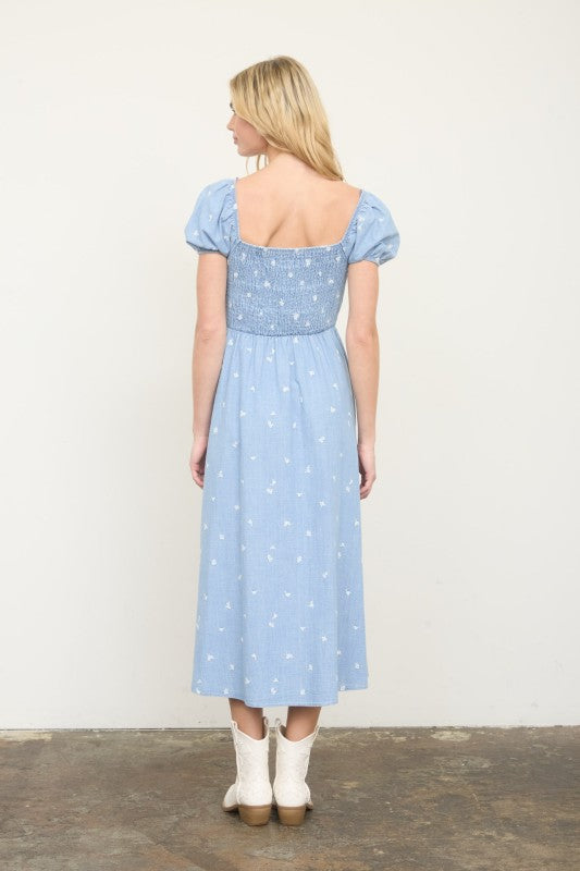 Chambray Denim Smocked Midi Dress