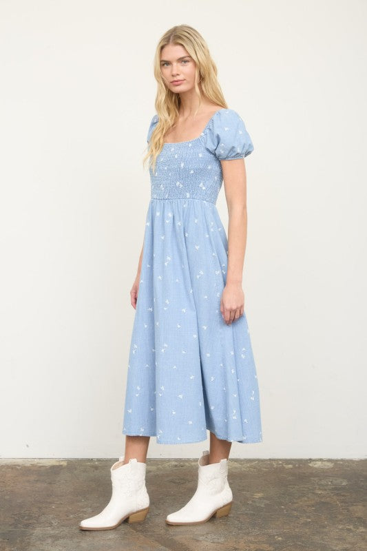 Chambray Denim Smocked Midi Dress