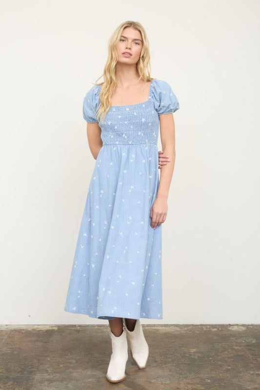 Chambray Denim Smocked Midi Dress