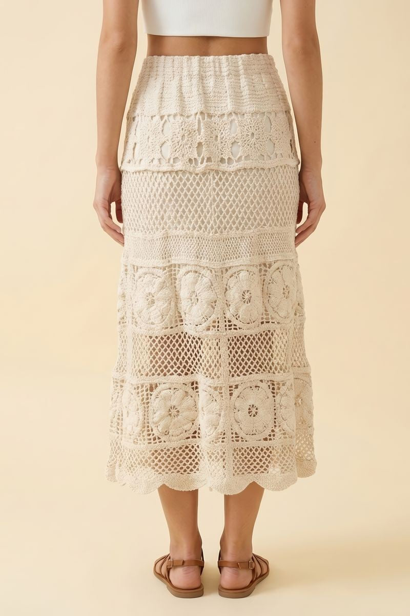 Crochet Cream Floral Midi Skirt