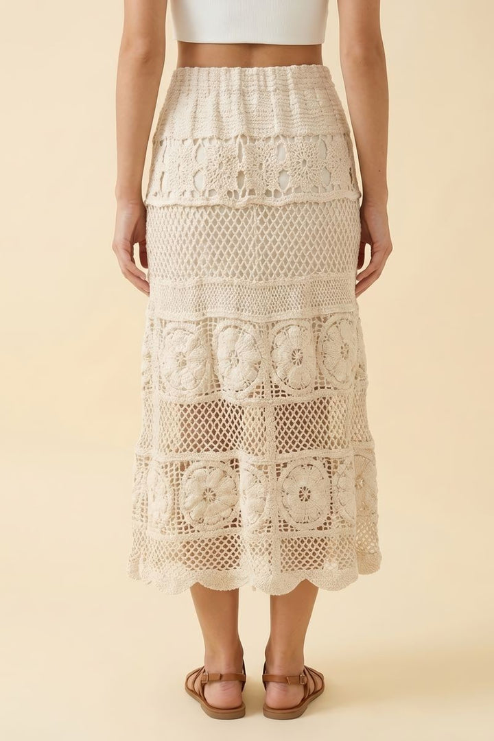 Crochet Cream Floral Midi Skirt