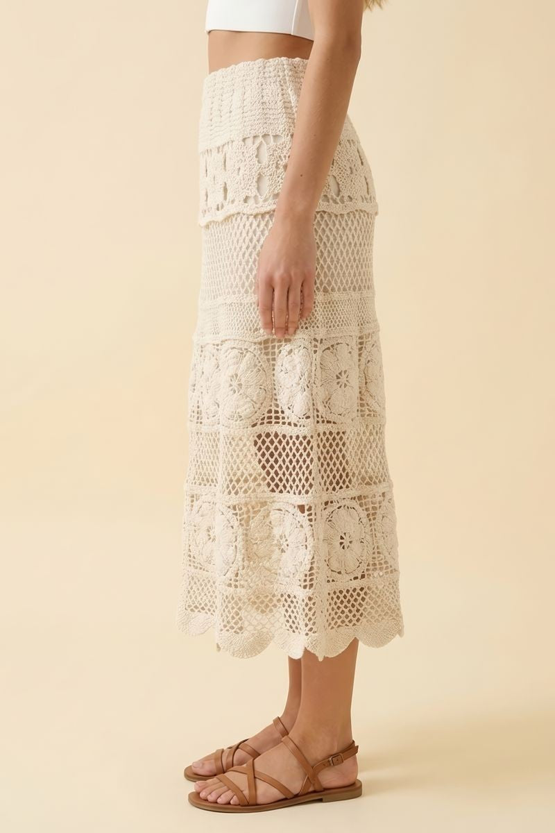 Crochet Cream Floral Midi Skirt