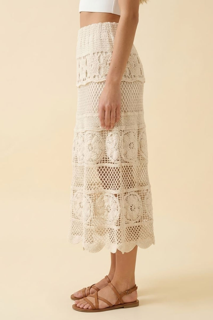 Crochet Cream Floral Midi Skirt