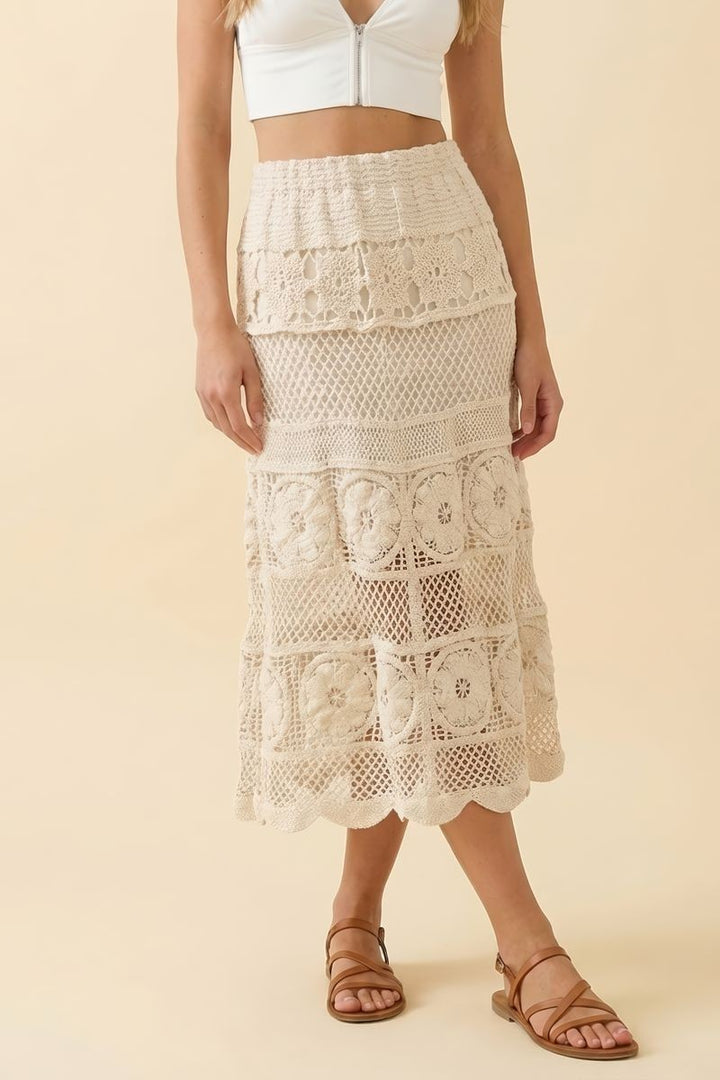 Crochet Cream Floral Midi Skirt