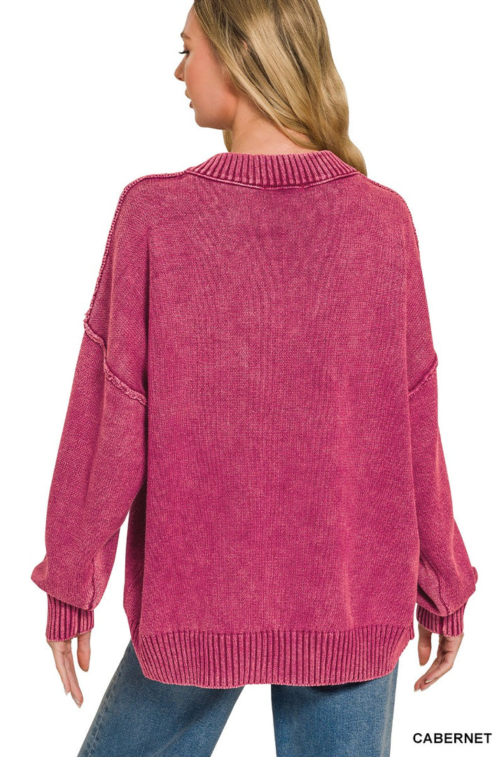 Washed Deep V-Neck Oversized Sweater (3 colors)