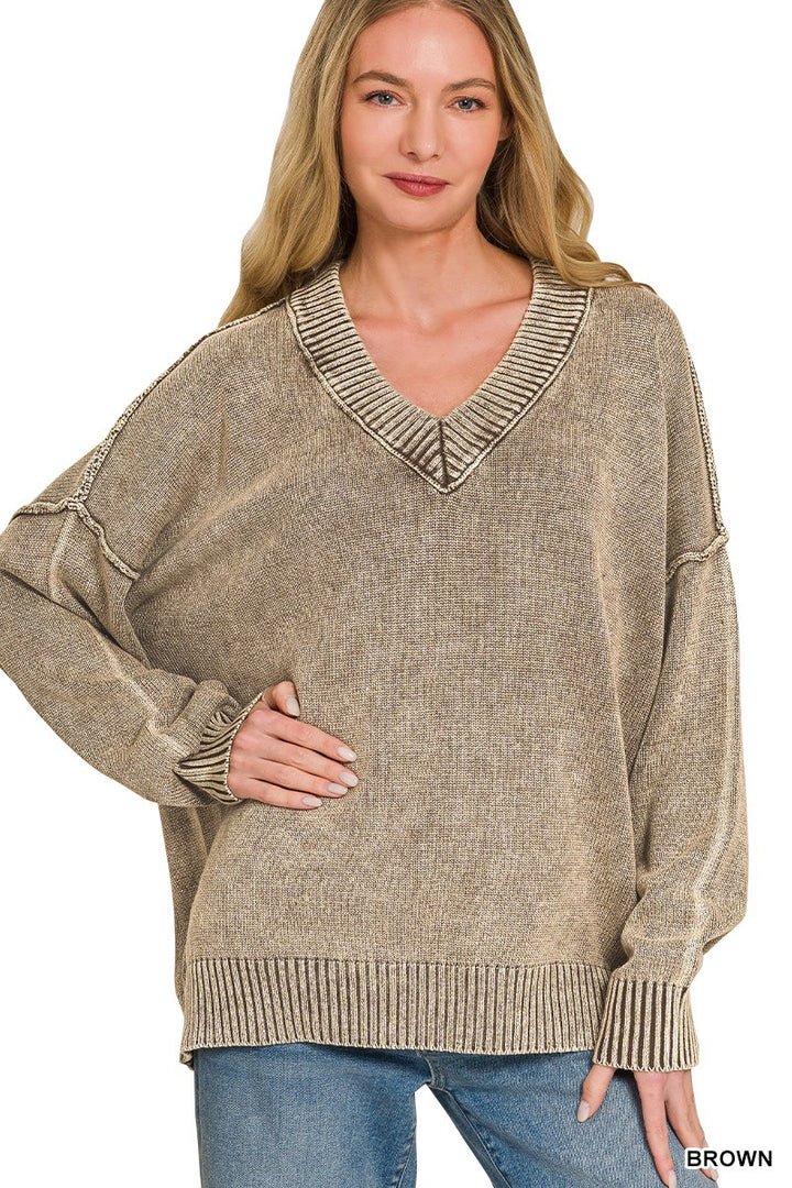 Washed Deep V-Neck Oversized Sweater (3 colors)