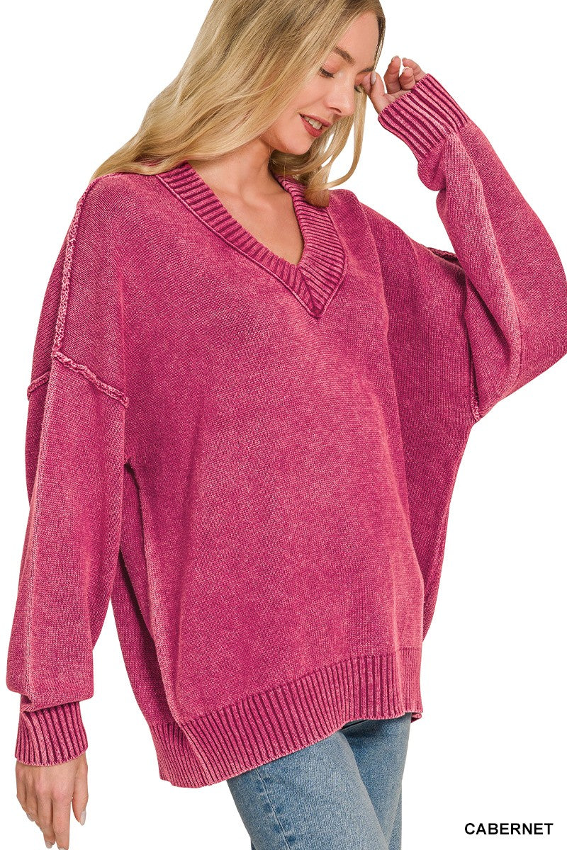 Washed Deep V-Neck Oversized Sweater (3 colors)