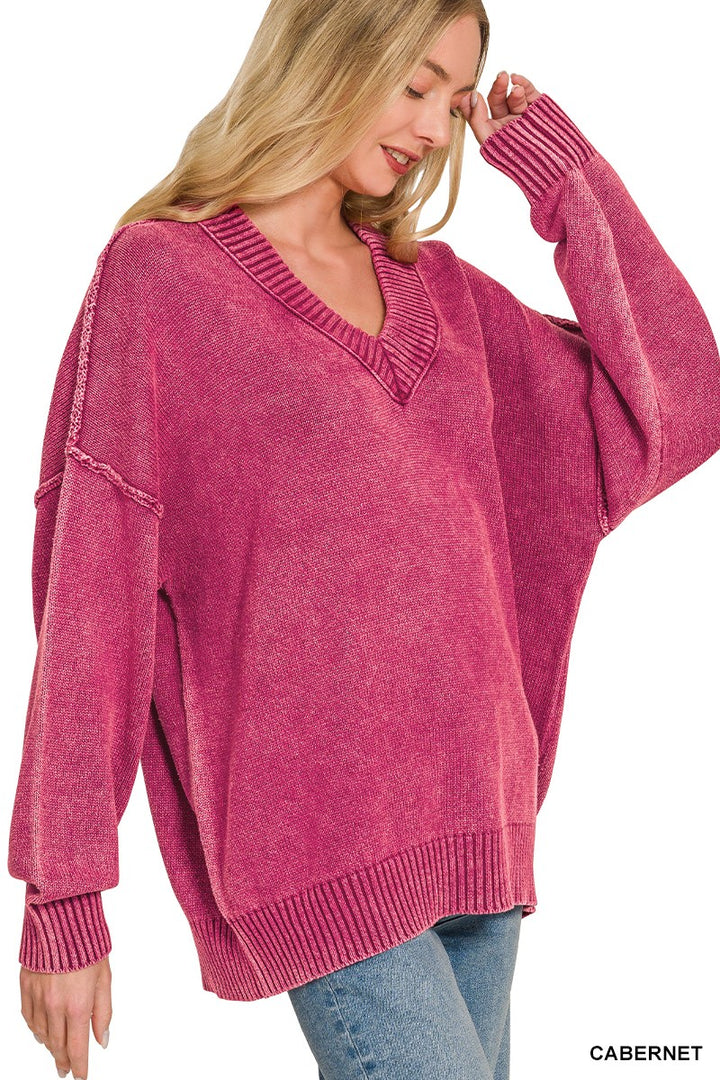 Washed Deep V-Neck Oversized Sweater (3 colors)