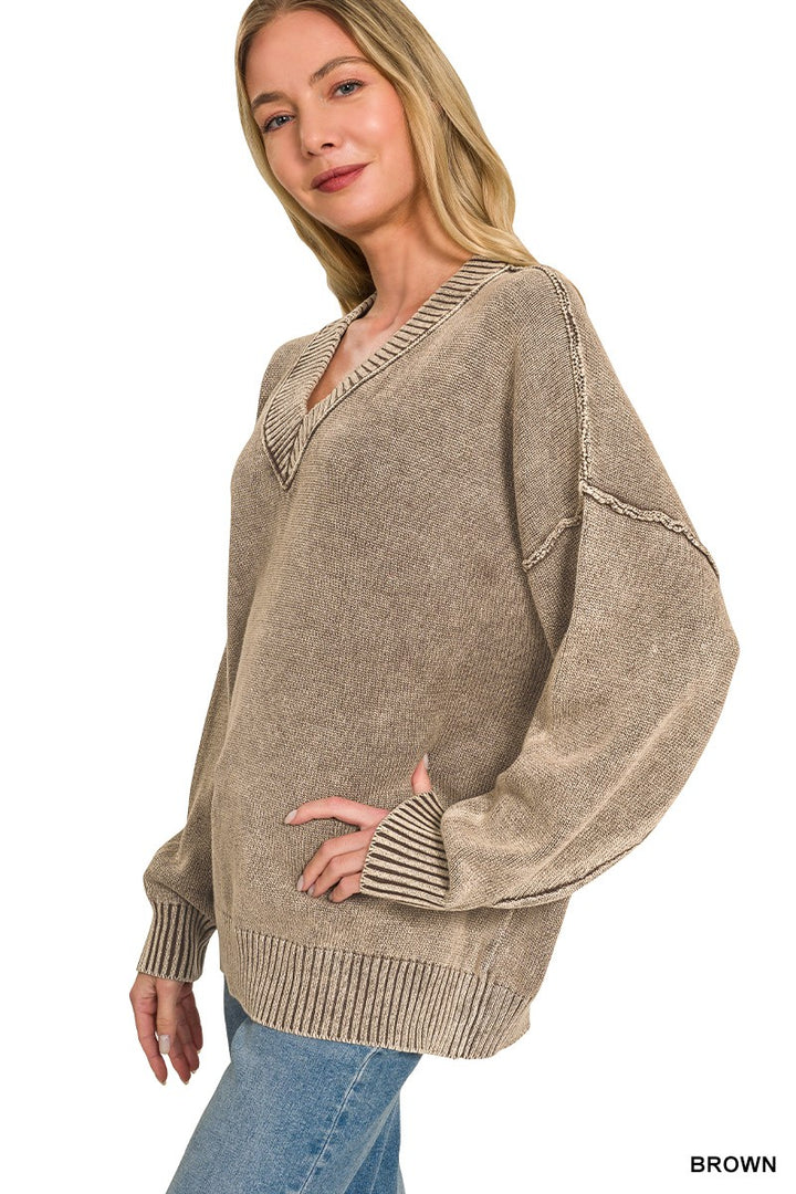 Washed Deep V-Neck Oversized Sweater (3 colors)