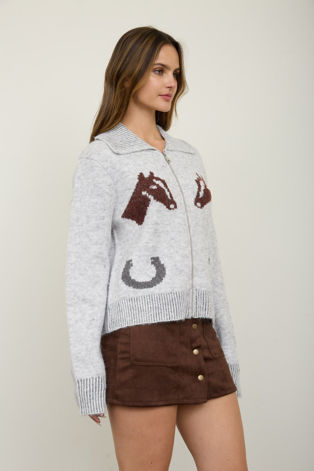 Western Horse Jacquard Zip Up Cardigan