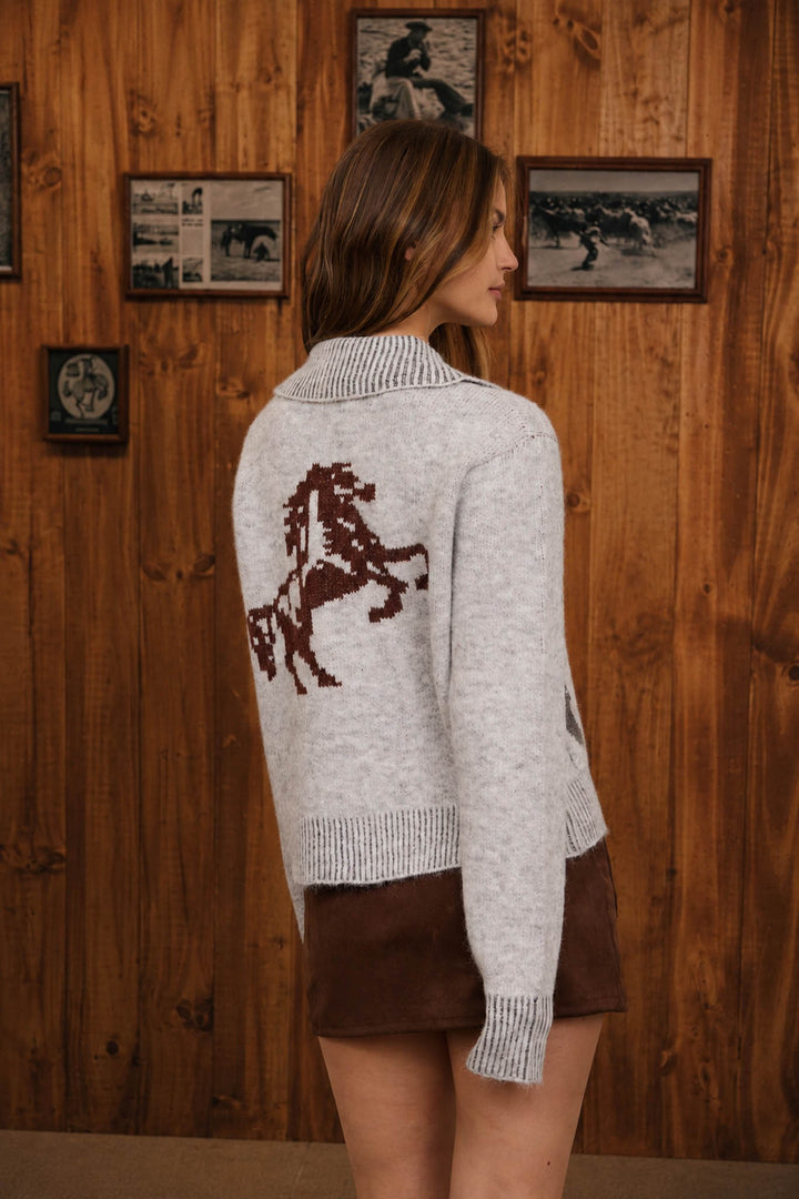 Western Horse Jacquard Zip Up Cardigan