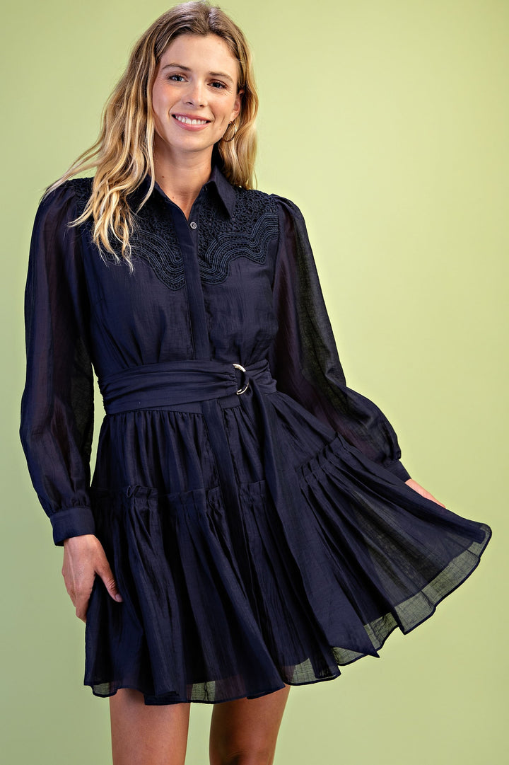 Flirty Crinkle Fabric Tiered Mini Shirt Dress - Navy
