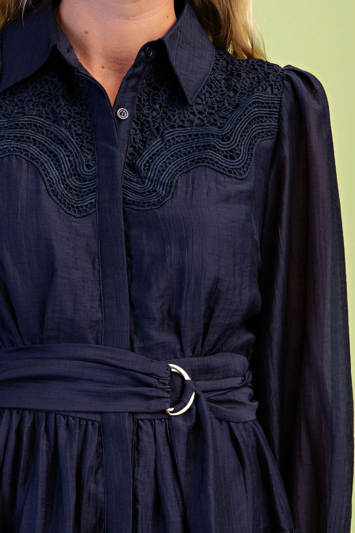 Flirty Crinkle Fabric Tiered Mini Shirt Dress - Navy