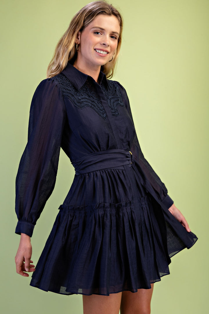 Flirty Crinkle Fabric Tiered Mini Shirt Dress - Navy