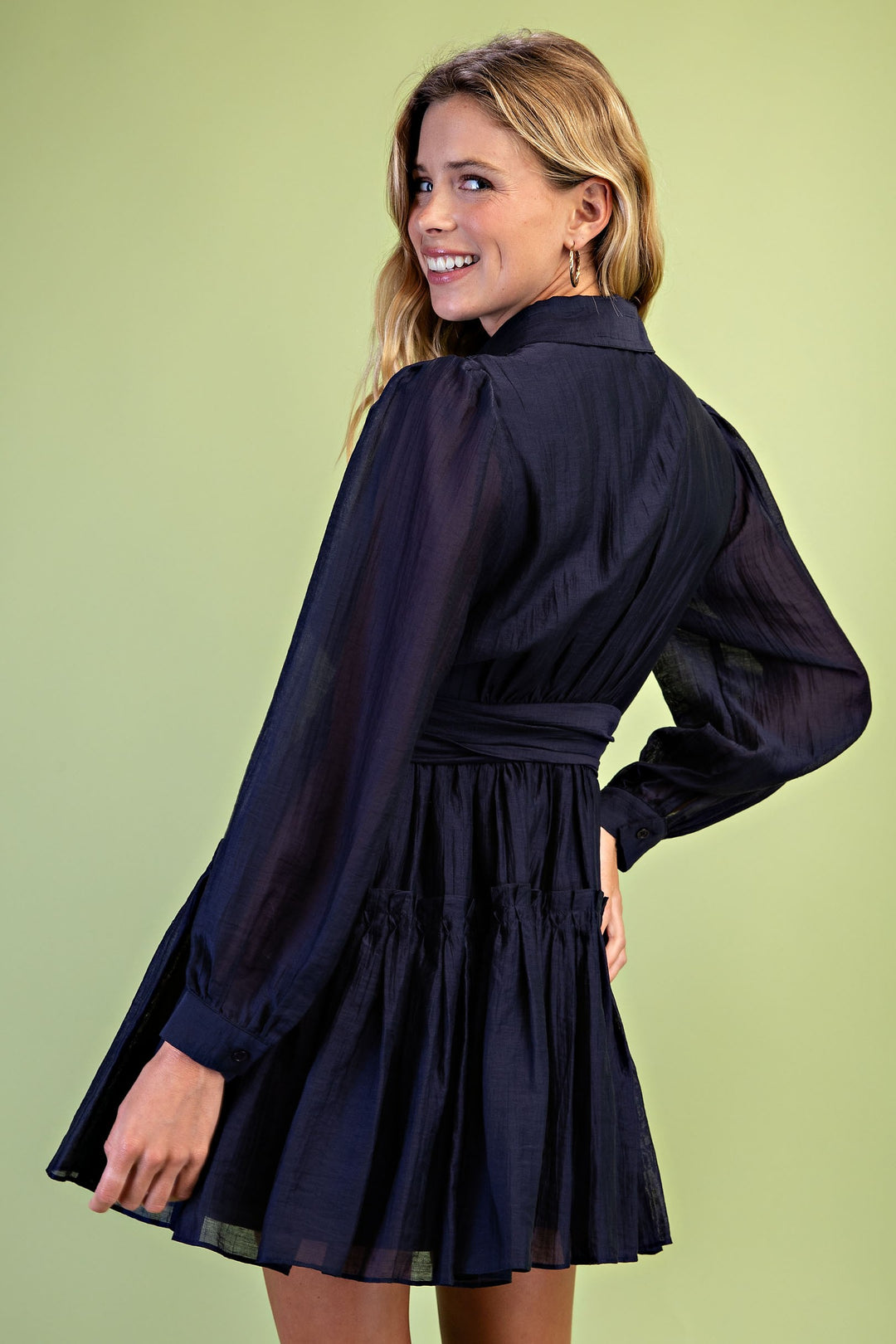Flirty Crinkle Fabric Tiered Mini Shirt Dress - Navy
