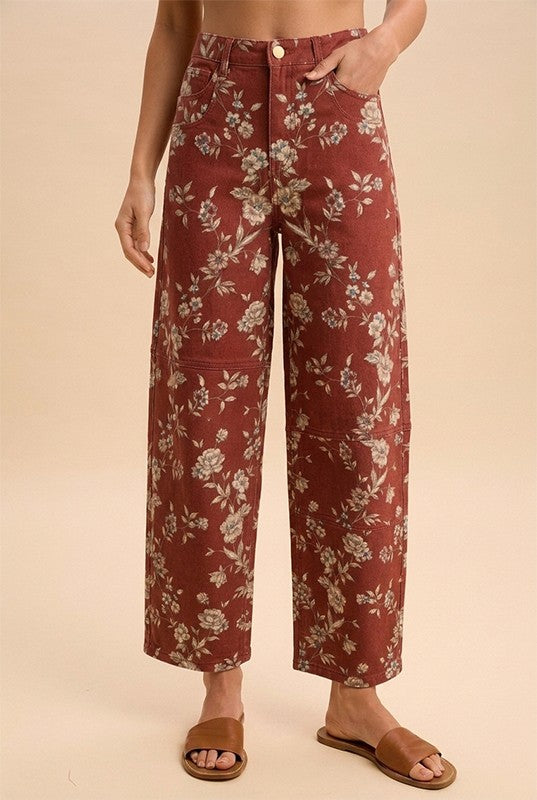 Soft Maroon Floral Barrel Pants
