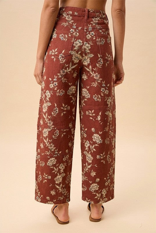 Soft Maroon Floral Barrel Pants