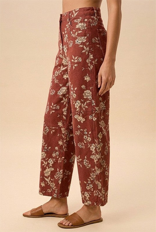 Soft Maroon Floral Barrel Pants