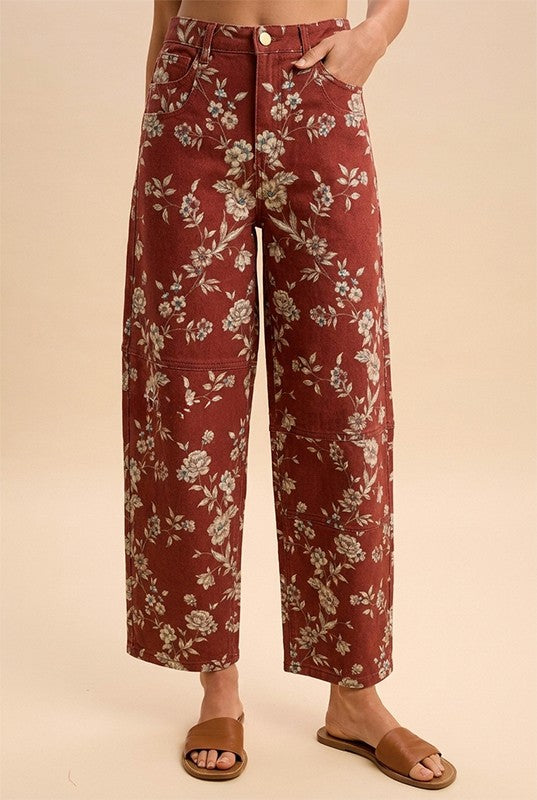 Soft Maroon Floral Barrel Pants